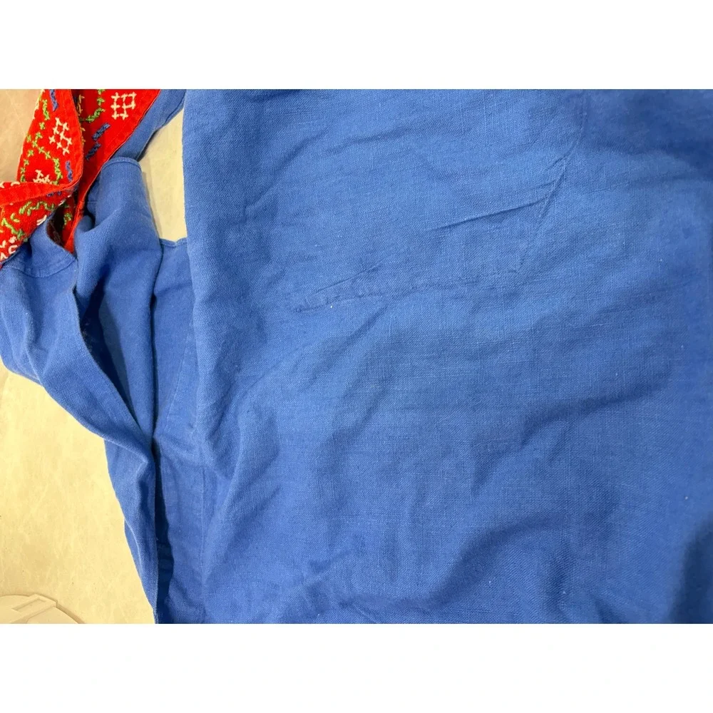 Vintage Blue Embroidered Apron Folk Art Cross Stitch Cotton Pocket Cottagecore